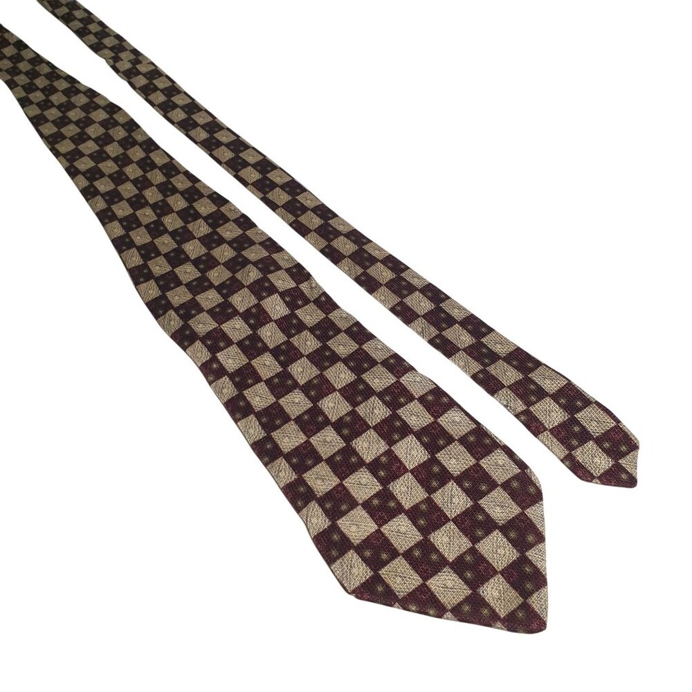 Vintage Bosa Burgundy Tan Checkered Silk Tie 59" Long 3.75" Wide Dad Gift